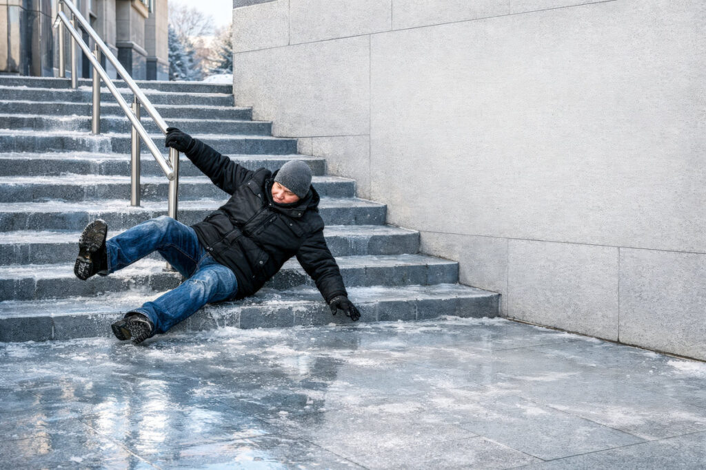 Horizontal winter accident photo of a man slipping on icy outdoor stairs, frozen surface and gray tones capturing sudden loss of balance, danger, vulnerability, suitable for winter safety awareness